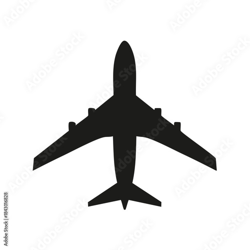 Jet airplane silhouette flying overhead. Commercial aviation transport icon isolated.