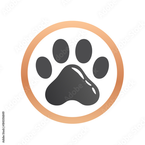 Dog or cat paw print in a circle, pet animal footprint round badge, pet adoption symbol, veterinary clinic icon