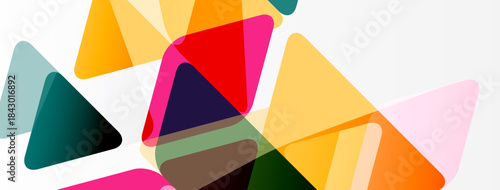 Abstract composition featuring overlapping colorful triangles. Shapes vary sizes, creating dynamic visual texture. Bright hues dominate white background.