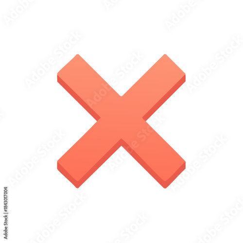 Isometric Illustration of Coral Red X Mark, Cross Sign Design, 3D Shape, Cancel Symbol, Wrong Choice, Icon