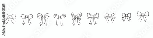 Stylized black-and-white bow designs with varied shapes, ribbon lengths, and decorative details.