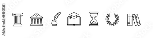 Black-and-white icons symbolizing classical education, learning tools, and academic achievement.
