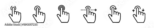 Minimal touchscreen gesture icons showing tap, swipe, and motion interactions for user interface design.