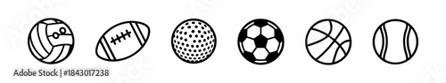 Black-and-white icons of various sports balls, each with distinct patterns and shapes for athletic themes.