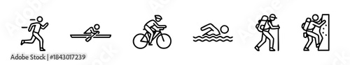Black-and-white icons depicting various outdoor and athletic activities like running, hiking, and swimming.