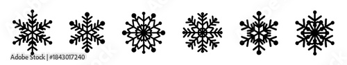 Black-and-white snowflake icons with varied symmetrical patterns, ideal for winter-themed graphic design.
