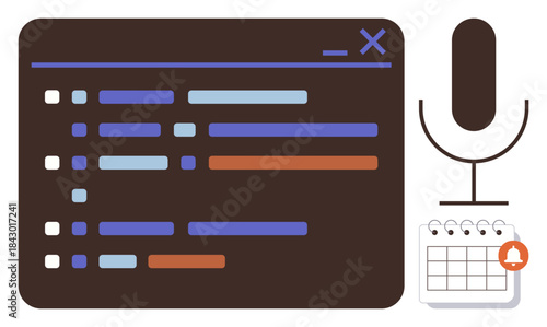 Coding interface with colored code lines, desk microphone, and calendar symbolizes organization and communication. Ideal for tech, multimedia, scheduling, software, development, productivity digital