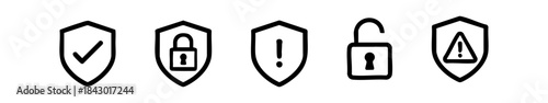 Black-and-white icons showing shields, locks, and alerts for security, protection, and warning states.