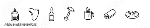 Black-and-white wellness icons featuring self-care tools like candle, tea, yoga mat, and skincare items.