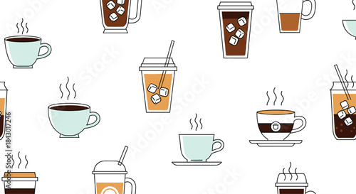 Vibrant pattern of assorted coffee and tea drinks in cups mugs and glasses creating a playful everyday cafe scene for bright kitchen decor.