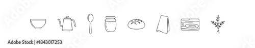 Black-and-white kitchen icons featuring rustic food prep items like bowl, bread, spoon, and kettle.