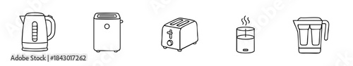 Black-and-white kitchen appliance icons including kettle, toaster, bread maker, blender, and diffuser.