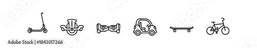 Black-and-white icons of personal transport devices like scooter, e-skateboard, and bicycle.