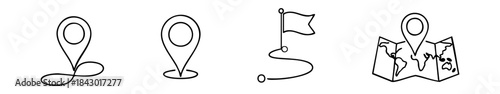 Black-and-white navigation icons showing location pins, paths, flags, and maps for travel and positioning.