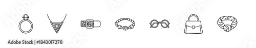 Black-and-white fashion accessory icons including ring, necklace, belt, bracelet, glasses, bag, and scarf.