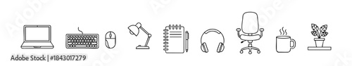 Black-and-white office icons showing workspace essentials like laptop, coffee mug, notebook, and desk chair.
