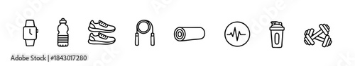 Black-and-white fitness icons featuring workout gear, hydration, tracking, and health-related items.