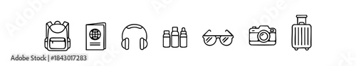 Black-and-white travel icons showing essentials like backpack, passport, toiletries, sunglasses, and suitcase.