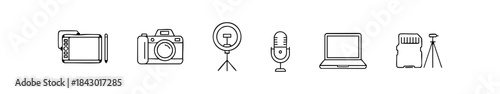 Black-and-white icons of digital content creation gear like camera, mic, laptop, and ring light.