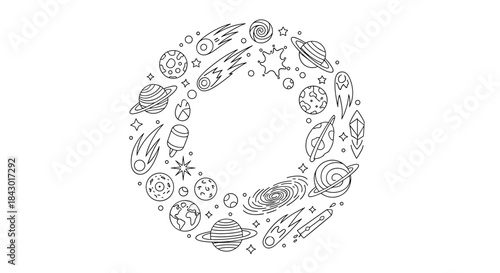 Whimsical circular illustration featuring planets comets rockets stars and orbits forming a playful cosmic border around an empty center.
