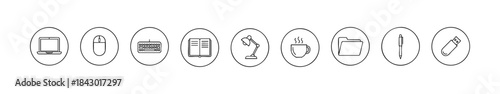 Black-and-white workspace icons showing laptop, mouse, keyboard, lamp, book, folder, and pen.