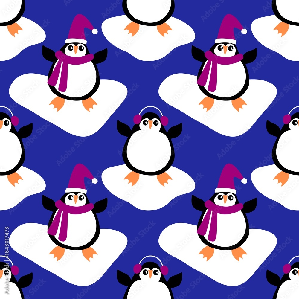 Obraz premium Christmas animals seamless penguin pattern for wrapping paper and fabrics and kids print