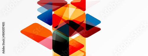 Abstract geometric shapes overlap, creating vibrant color blends. Orange, red, brown tones dominate white background. Modern design.