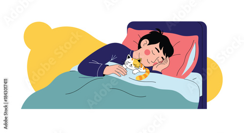 Child sleeps soundly in a cozy bed while a small cat cuddles beside them under a soft blanket and pillows and the room glows gently with lunar light.