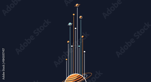 Majestic abstract space scene with tall glowing orbital lines rising from a striped ringed planet against a deep navy background and distant stars.
