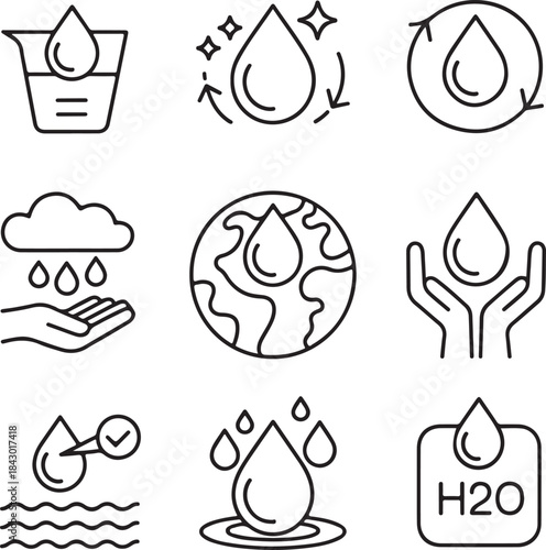 Water Line Editable Icons Set. Drops, Rain, Shower, Tap, Bottle, Swimming, Protection, and More. Vector Illustration.
