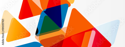 Abstract geometric shapes overlap, creating vibrant colorful composition. Triangles dominate design, offering modern aesthetic.