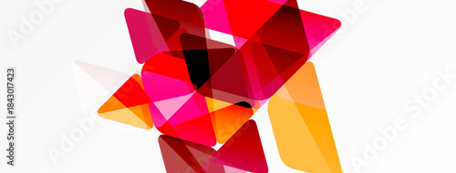 Abstract geometric shapes overlap, creating vibrant red, orange, pink composition. White background provides contrast, modern feel.
