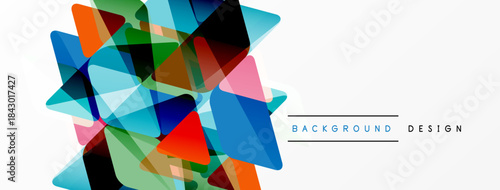 Abstract geometric shapes overlap, creating vibrant colorful design. White space provides clean contrast, modern aesthetic.