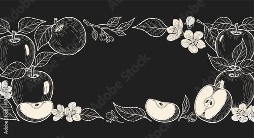 Chalkboard style border illustration featuring apples branches blossoms and leaves framing a dark central space ideal for fruit themed designs and menus.