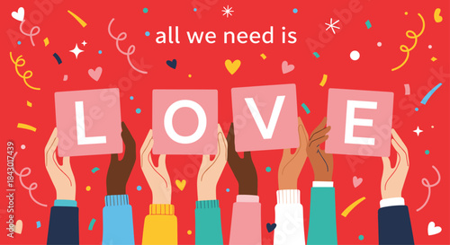 Diverse group of people raises pink blocks spelling love against a bright red festive background with confetti streamers and cheerful hearts celebrating unity.