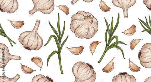 Pattern of garlic bulbs and cloves with rosemary sprigs scattered across a background creating a rustic culinary motif for kitchen decor and food branding.