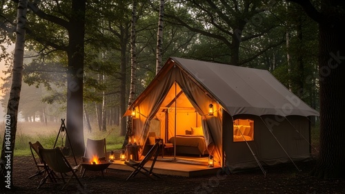 Luxury glamping tent glows at dawn within serene misty forest.