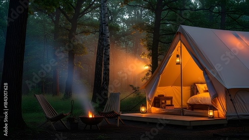 Luxury glamping tent glows at dawn within serene misty forest.