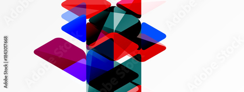 Abstract geometric shapes overlap, creating vibrant color blends. Red, blue, purple hues dominate white background. Modern design.