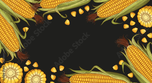 Border of golden corn ears frames a dark central area creating a vivid harvest themed composition for food and agricultural imagery.