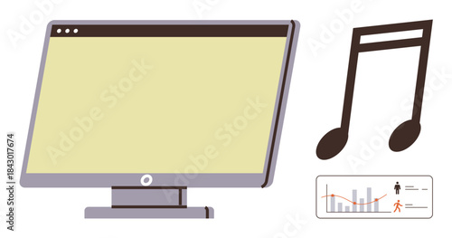 Computer monitor paired with a music note and a data graph combines technology, creativity, and analysis. Ideal for multitasking, digital creativity, music production, analytics, technology, media