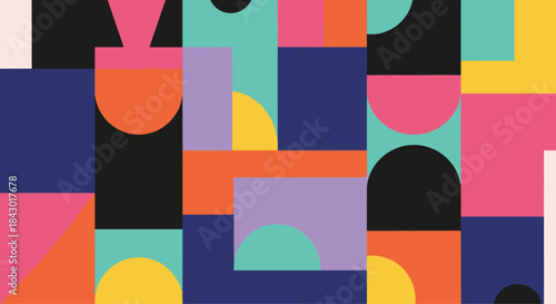 Vivid abstract composition of overlapping geometric forms in bold colors creating a dynamic rhythm across layered rectangles and semicircles.