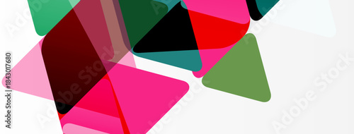 Abstract geometric shapes overlap, creating vibrant color composition. Red, pink, green dominate white background. Modern design element.