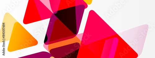 Abstract geometric shapes overlap, creating vibrant color composition. Red, orange, pink dominate design. Minimalist style.