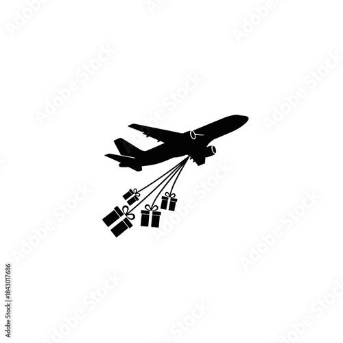 Silhouette of an airplane flying with multiple gift boxes suspended by ropes, symbolizing air delivery or special cargo.