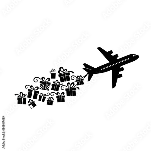 A black silhouette of an airplane flying with a trail of gift boxes.