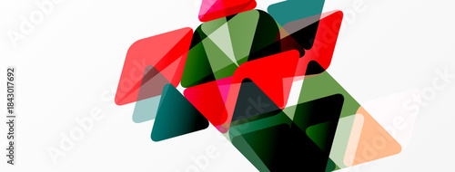 Abstract geometric shapes overlap, creating vibrant red, green, orange hues. Minimalist design, clean background, modern aesthetic.