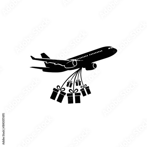 Black silhouette of an airplane flying upwards with multiple gift boxes hanging from its underside, symbolizing delivery or special cargo.