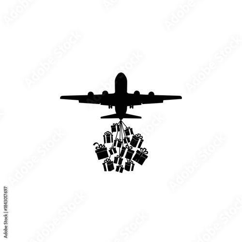 Silhouette of an airplane delivering a large bundle of gift boxes, symbolizing holiday travel and present delivery.
