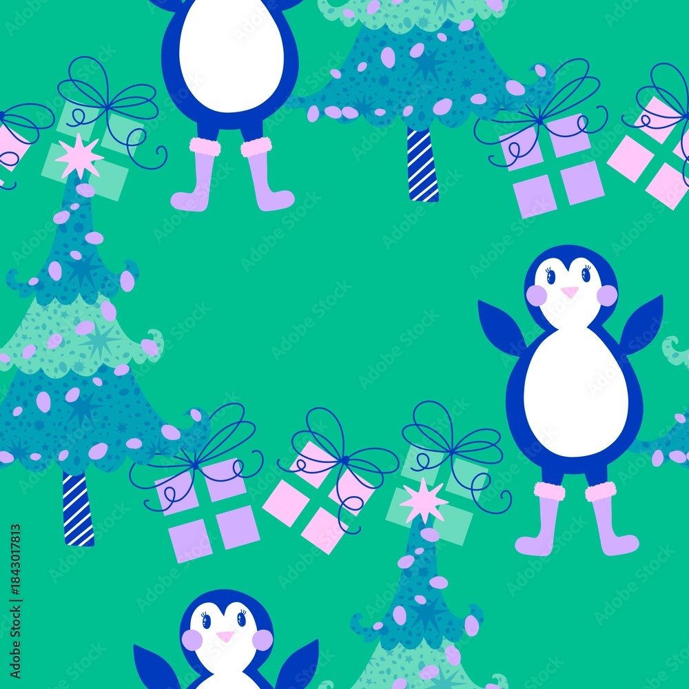 Obraz premium Christmas animals seamless penguin pattern for wrapping paper and fabrics and kids print